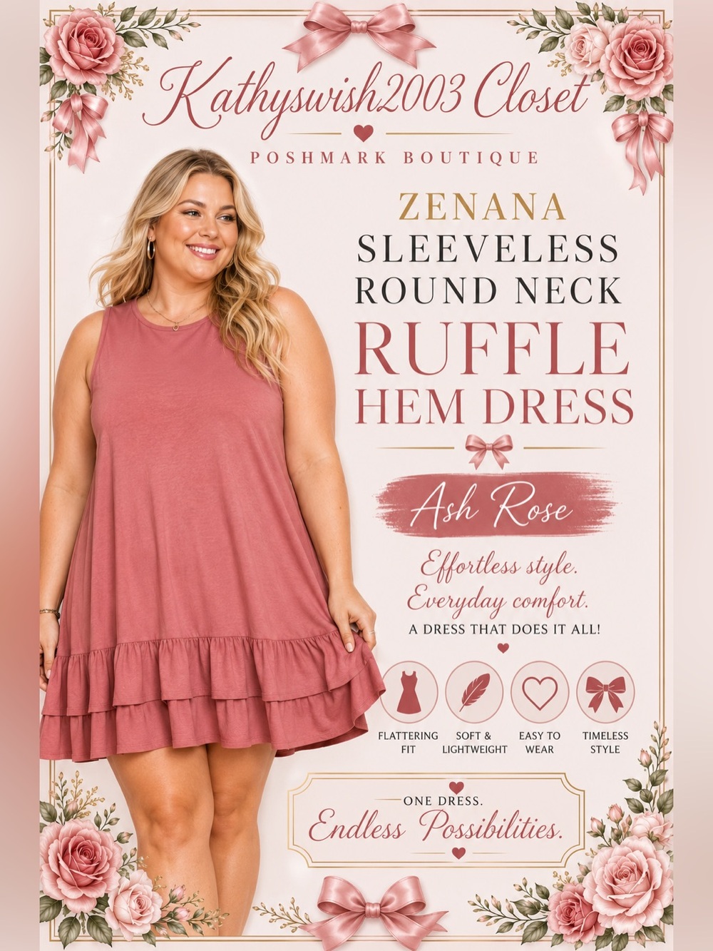 Zenana Sleeveless Round Neck Ruffle
Hem Dress Sizes 3X Ash Rose Poc…NWOT